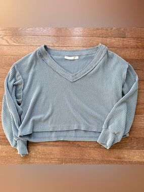 Altar'd State Light Blue Ribbed V-Neck Cropped Sweater